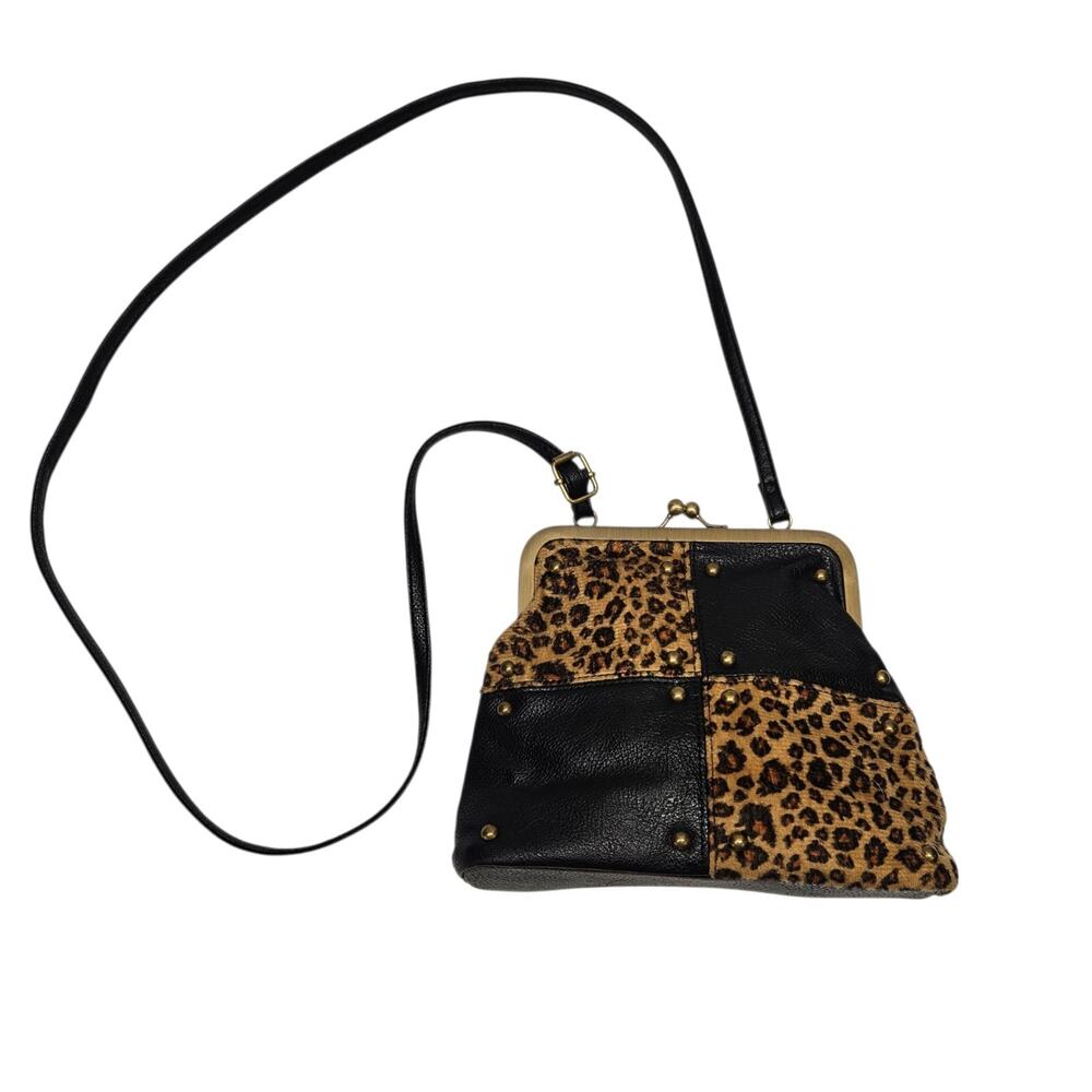 Animal Print Crossbody Bag Black Brown Faux Leather Patchwork Kiss Lock Purse